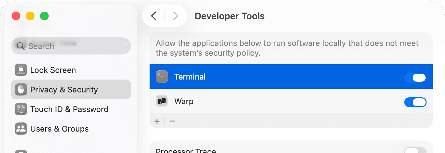 Screenshot of macOS System Settings showing the Developer Tools options